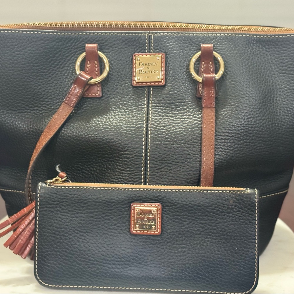 Dooney & Bourke Black and Tan Leather Tote with Wallet